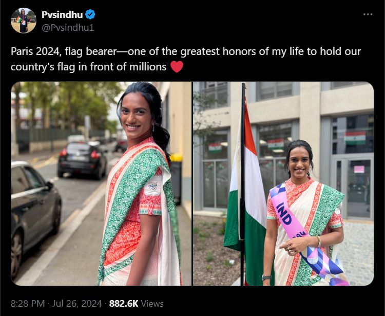 PV Sindhu's post on Paris Olympics 2024 honor